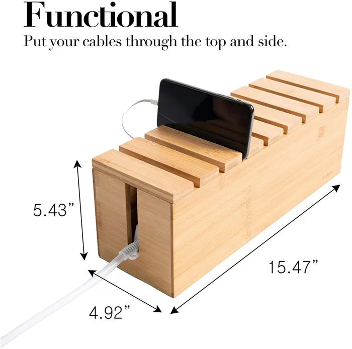 Wood Cable Management Box - Stylish Cord Organizer Box for Home and Office Storage Boxes & Bins Natural Bamboo Color Rectangular