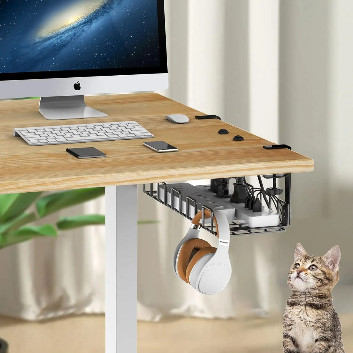 Furniture Metal Cable Management Under Desk Long Power Strips Tray No Drill Rack Black Install With Clamp