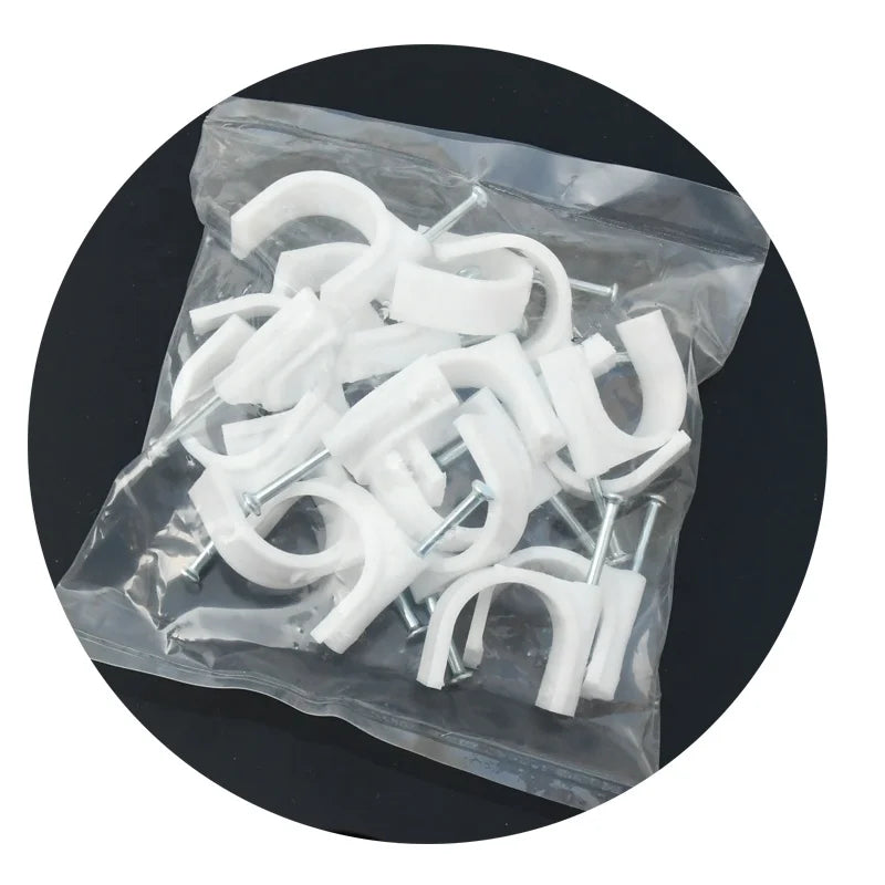100 Pcs Pack White Plastic Circle Cable Clip Organizer with Nail 8mm