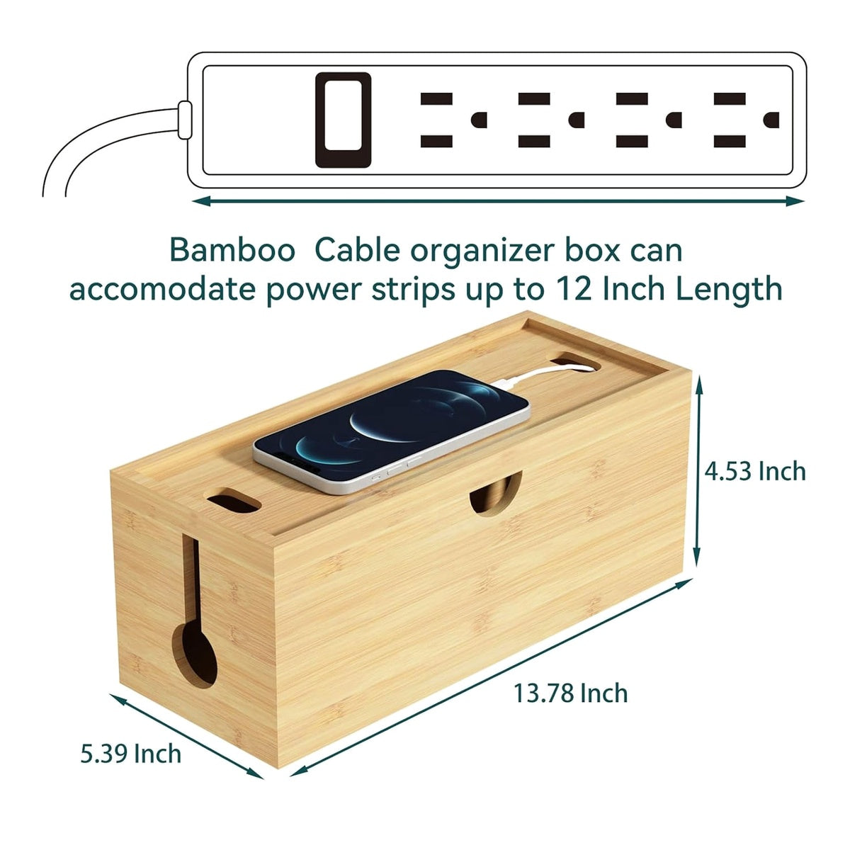 Bamboo Cable Management Box to Hide Wires Power Strips for Desktop Storage Cord Holder Wood Organizer