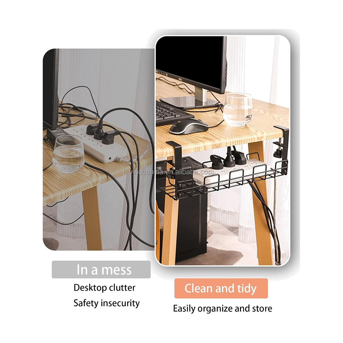 15.7'' Clamps Install No Drill Steel Under Desk Wire Cable Management Tray Rack Organizers