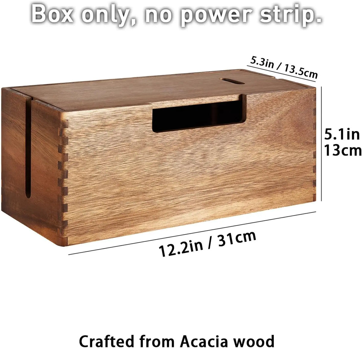 Acacia Wood Self-Adhesive 10mm Thick Carved Design Rectangular Cable Management Box Cord Hider Electrical Hiding Office Desk