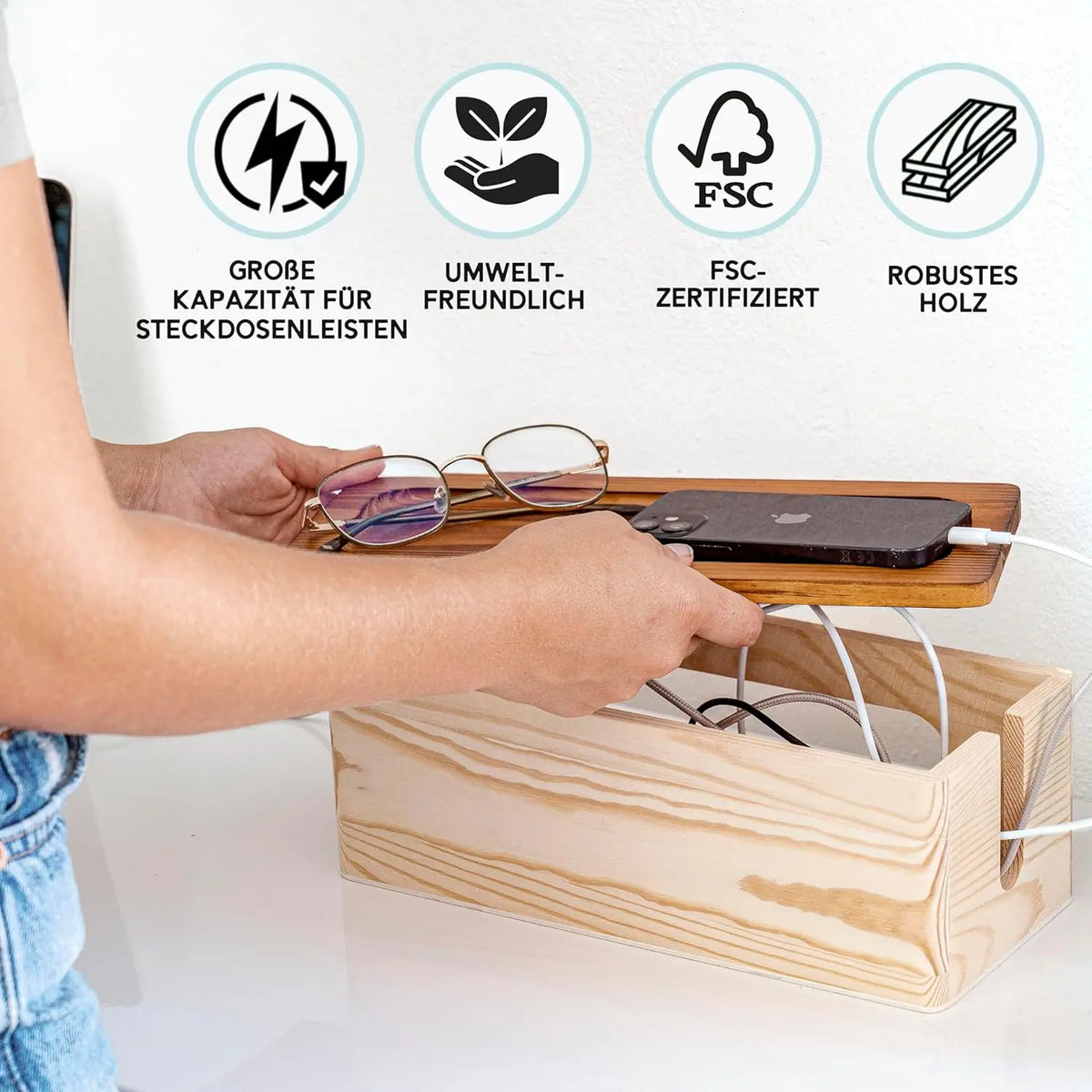 Natural Wood Cable Storage Management Box, Large and Medium Cord Organizer to Hide Wires and Power Strips for TV,Desk, Computer