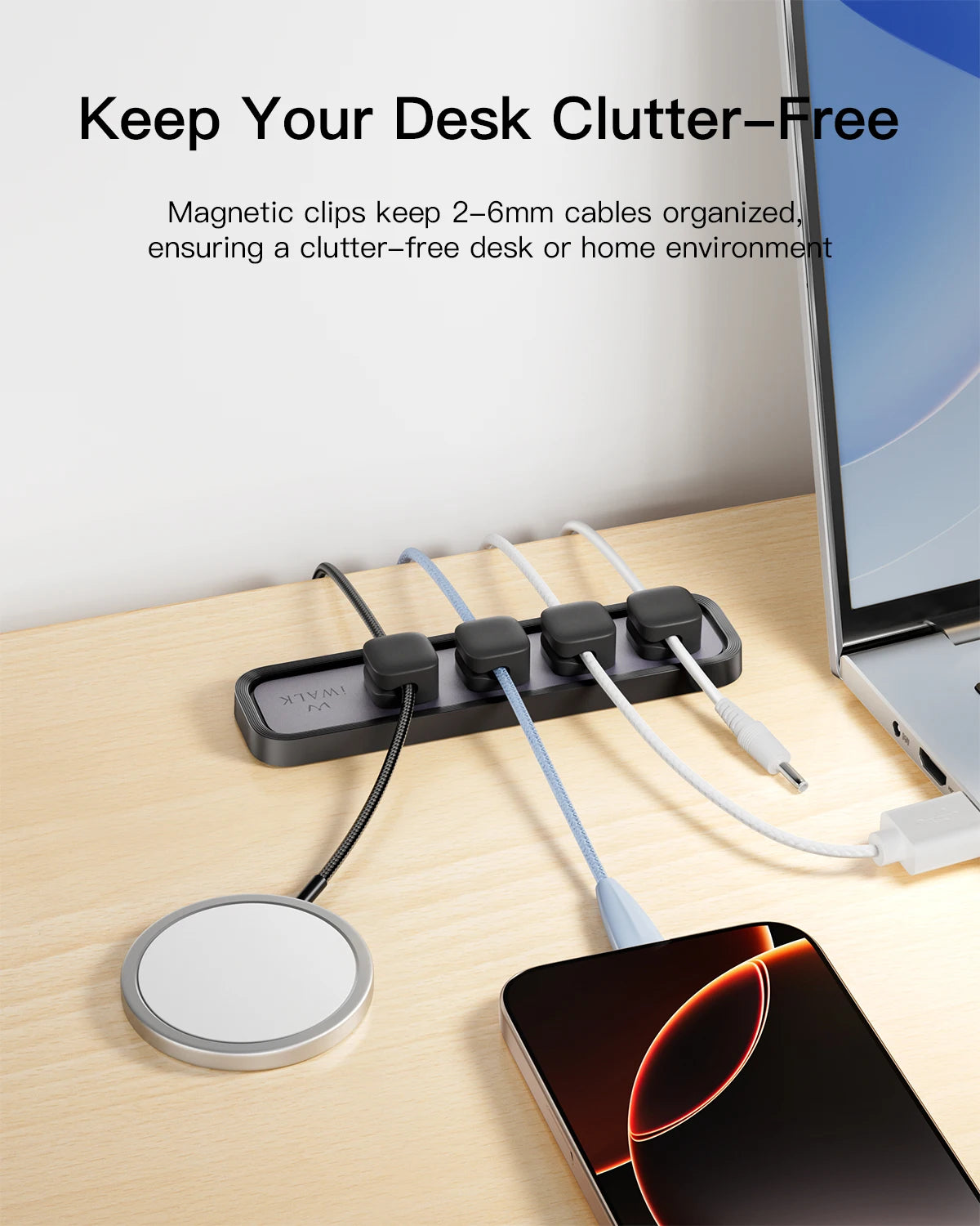 Magnetic Cable Holder 2 Pack Reusable Adhesive Cord Organizer for Desk Management No Mess Wire Clip System