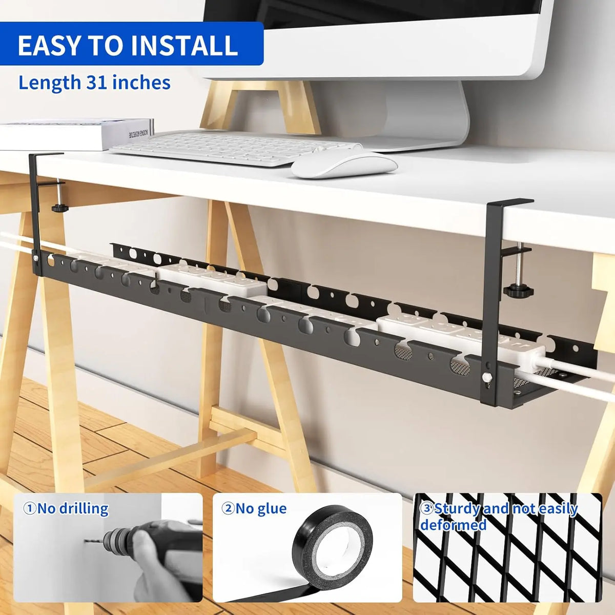 Furniture Extendable Adjustable Under Desk Cable Management Tray Metal Wire Organizer with Clamp Power Strip Cord Holder