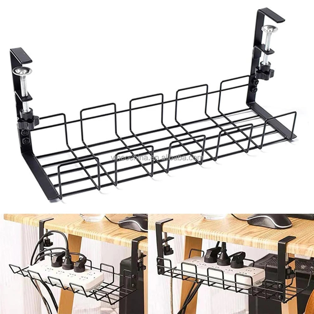 15.7'' Clamps Install No Drill Steel Under Desk Wire Cable Management Tray Rack Organizers