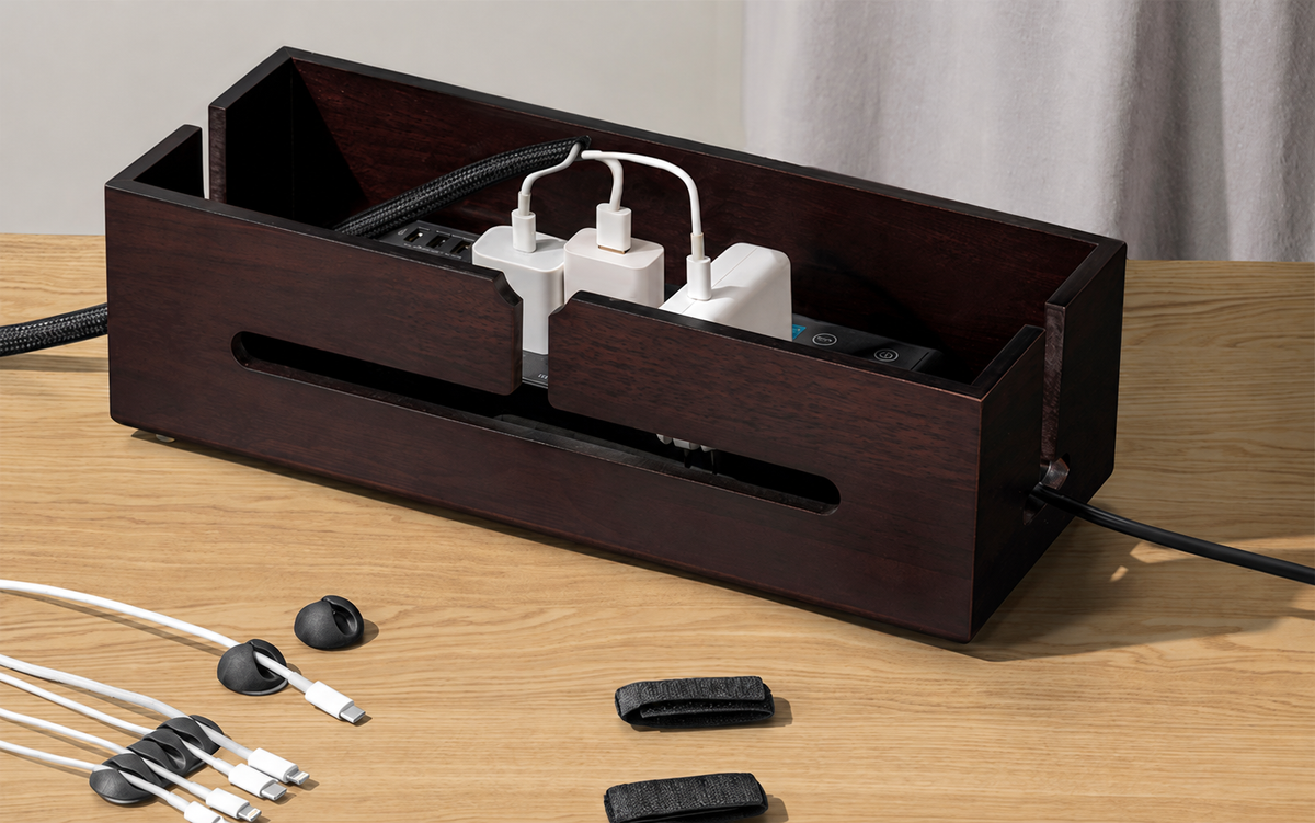 Walnut Large Cable Box Cable Organizer Box with Protector Cable Sleeve