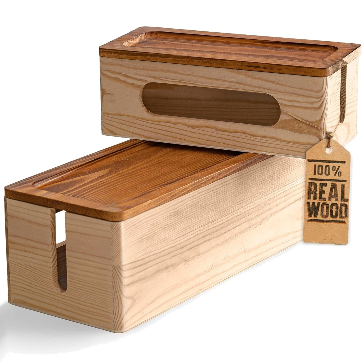 Natural Wood Cable Storage Management Box, Large and Medium Cord Organizer to Hide Wires and Power Strips for TV,Desk, Computer