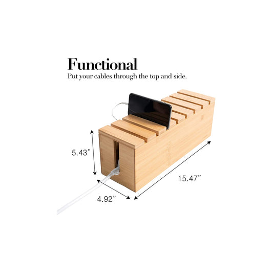 Wood Cable Management Box - Stylish Cord Organizer Box for Home and Office Storage Boxes & Bins Natural Bamboo Color Rectangular