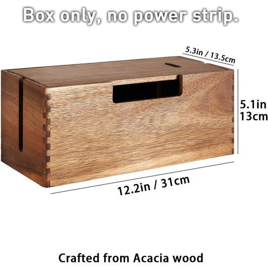 Acacia Wood Self-Adhesive 10mm Thick Carved Design Rectangular Cable Management Box Cord Hider Electrical Hiding Office Desk